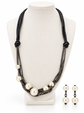 Faux Pearl & Gunmetal Multi-Strand Statement Necklace Earrings Set